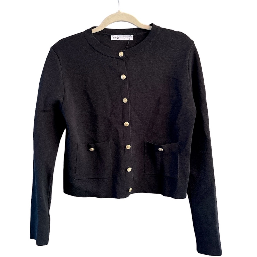 Zara Women’s Cardigan Black With Gold Buttons Cropped NEW size Medium
